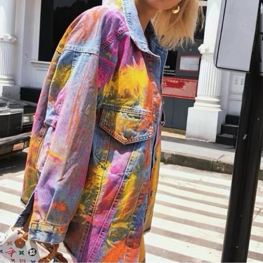 Beulah Splattered Paint Pollock Painted Oversized Distressed Denim Jean Jacket - Picture 5 of 16